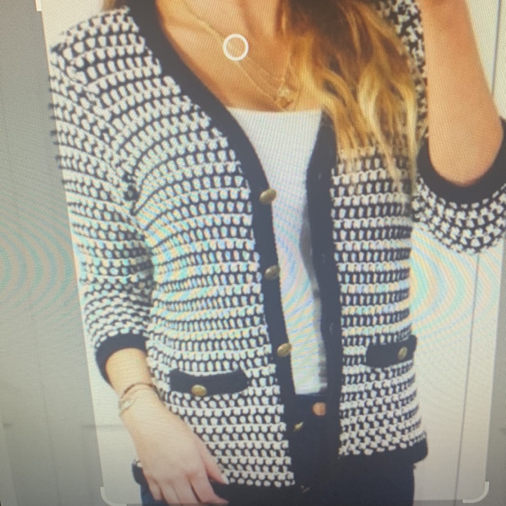 CAbi Coco Waffle Knit Cardigan Black White Gold Button Small 3/4 Sleeve Sweater